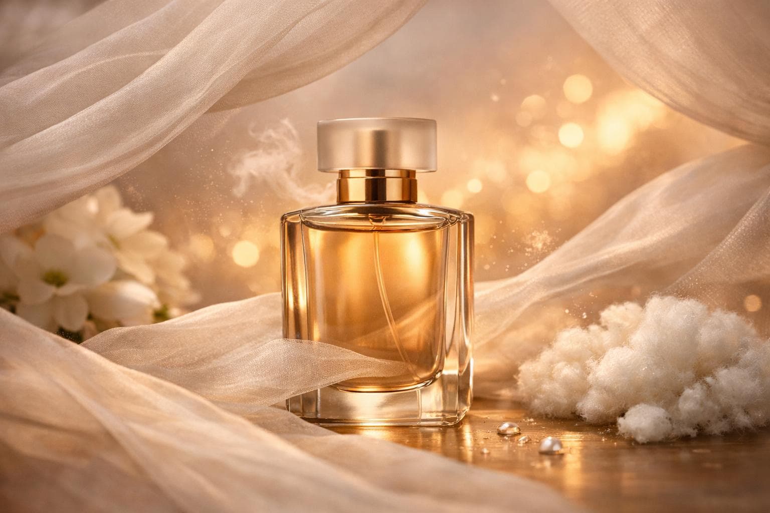 Gold-capped perfume bottle wrapped in sheer fabric with soft bokeh lighting