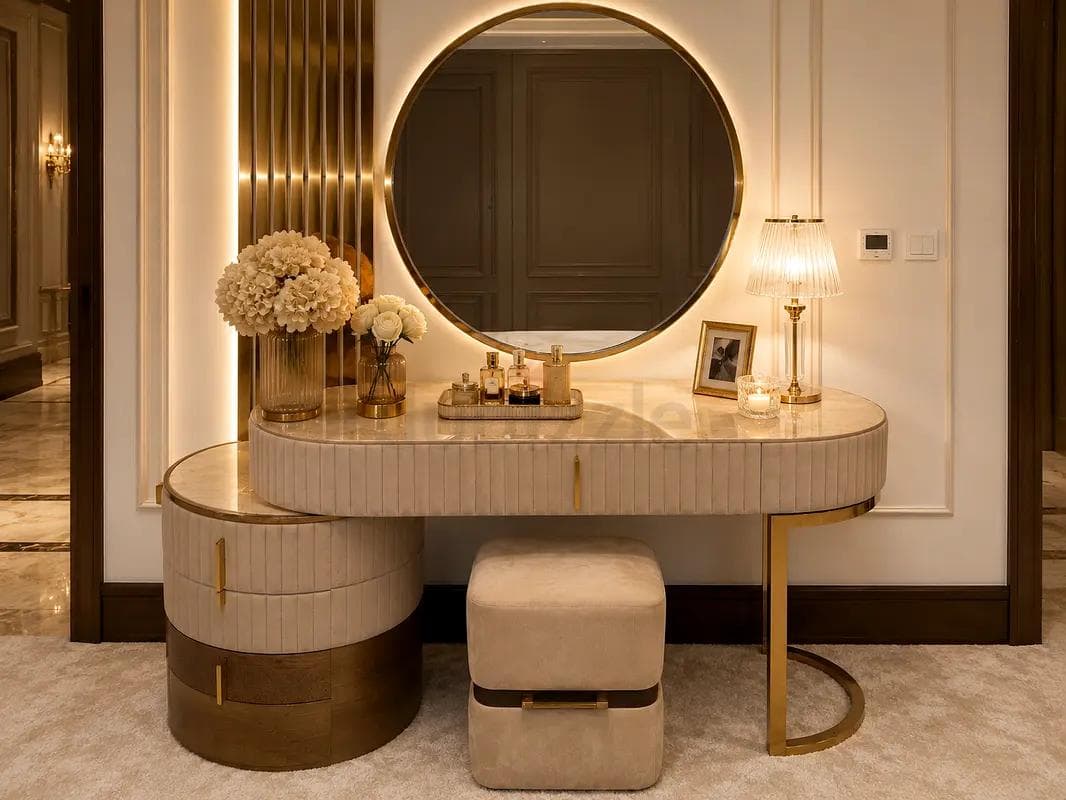 Elegant vanity table with a round mirror, perfume bottles, and fresh flowers