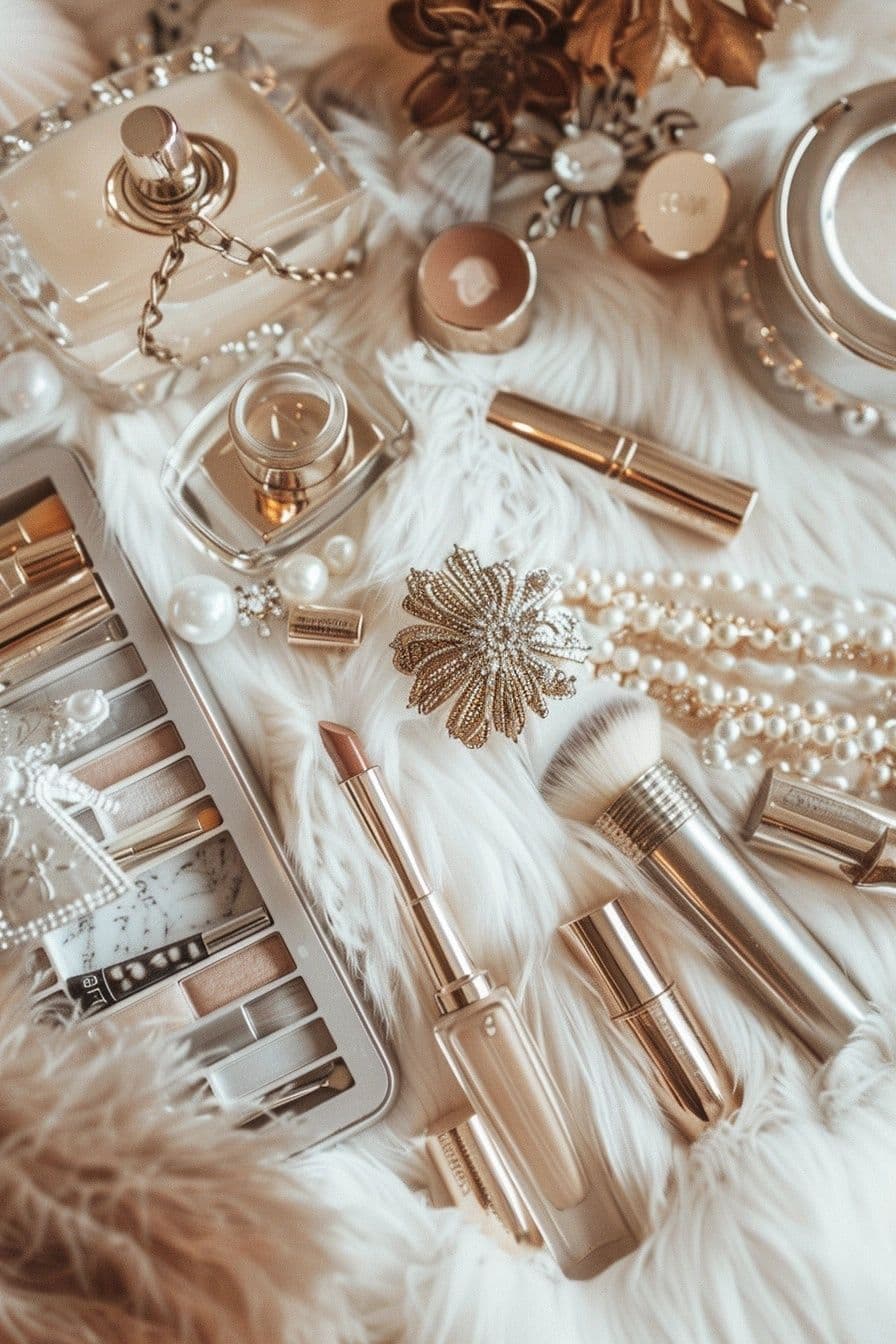 Gold-toned lipstick, foundation, brushes, and pearl jewelry styled on white faux fur